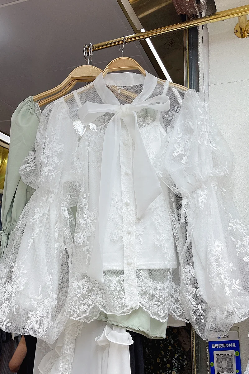 Korean Style 2023 Spring New Fashion Sweet Bow Self-Tie Lace Mesh Bubble Blouses Women's Trend Lantern Sleeve Lace Shirt Top