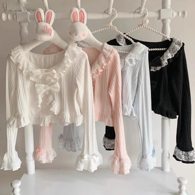 

Японский вязаный кардиган в стиле кавайной Лолиты Y2k, женские милые кружевные укороченные пальто с оборками и длинными рукавами и бантом, милые топы принцессы для девочек