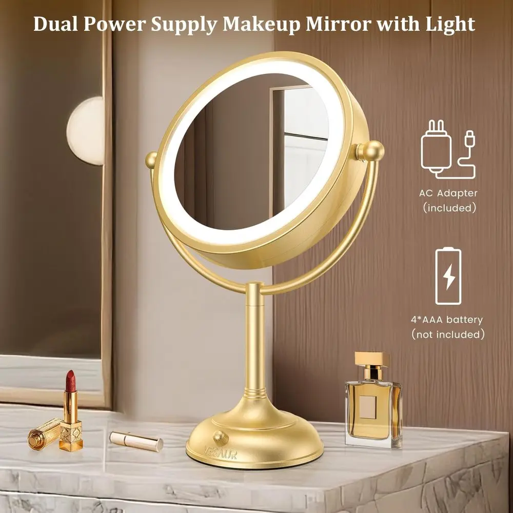 Miroir de maquillage LED double face doré 1X/10X de 8,5 pouces avec éclairage réglable et 360 °   Base pivotante