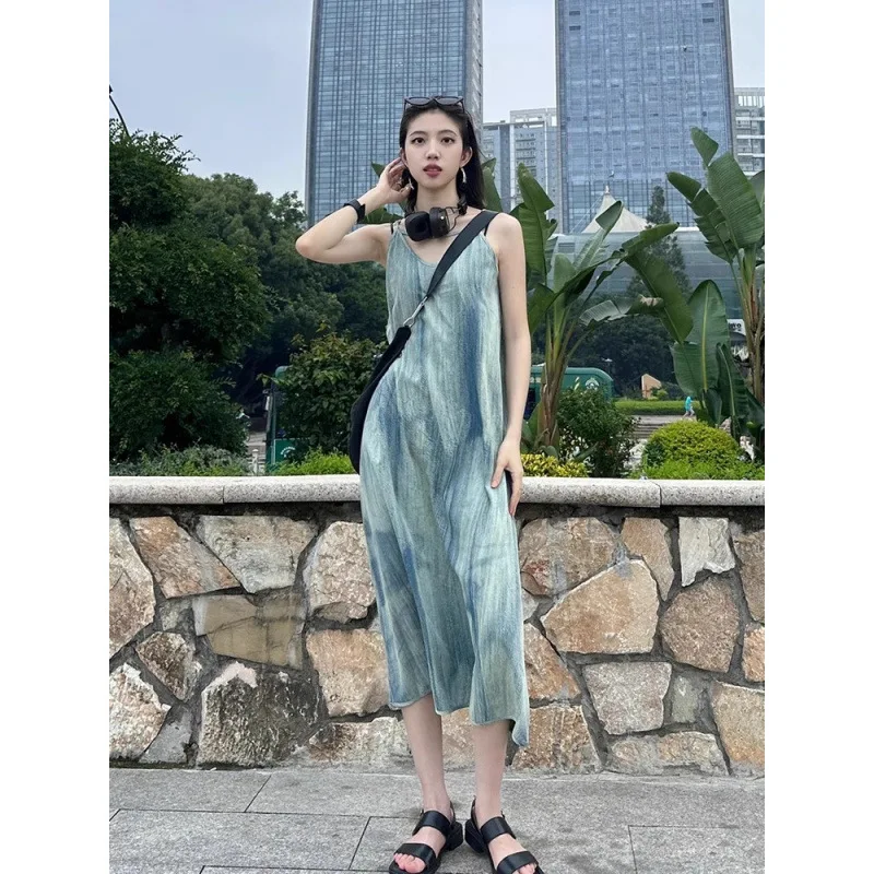 Elegant Tie Dye off Shoulder Long Dress Women's Summer Loose Casual Style Beach Vacation Gown High Waist A-Line Skirt