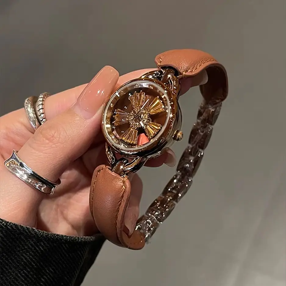 Luxury Rotating Flower Women Watch Leather Splicing Metal Strap Round Dial Fashion Elegant Ladies Quartz Dress Wristwatch Gift
