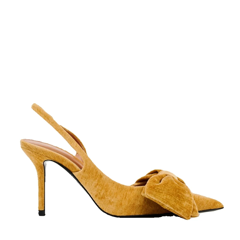 Sandali con tacco alto 2024 nuove scarpe da donna fiocco giallo impreziosito velluto a punta bocca superficiale lato pompe vuote scarpe Sandalias