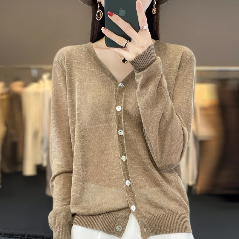 Summer Sunscreen Ice Silk Cardigan Women\'s V-Neck Long Sleeve Loose Knitted Top Solid Transparent Cardigan Air Conditioned Shirt