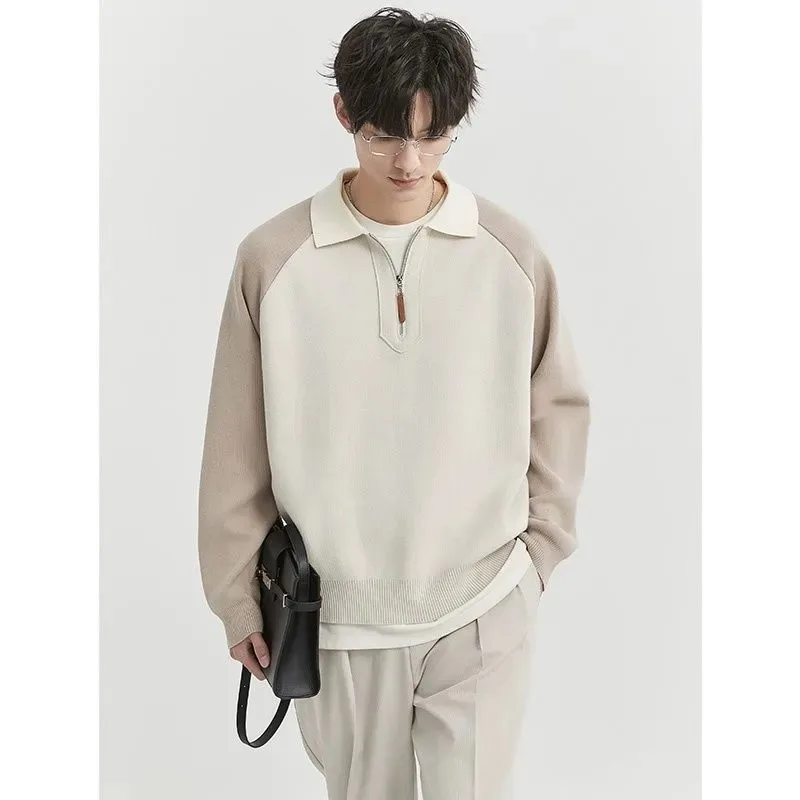 Camisola com zíper jaqueta de malha outono inverno novo estilo bloco de cores pulôver estilo coreano gola casual moda versátil topo
