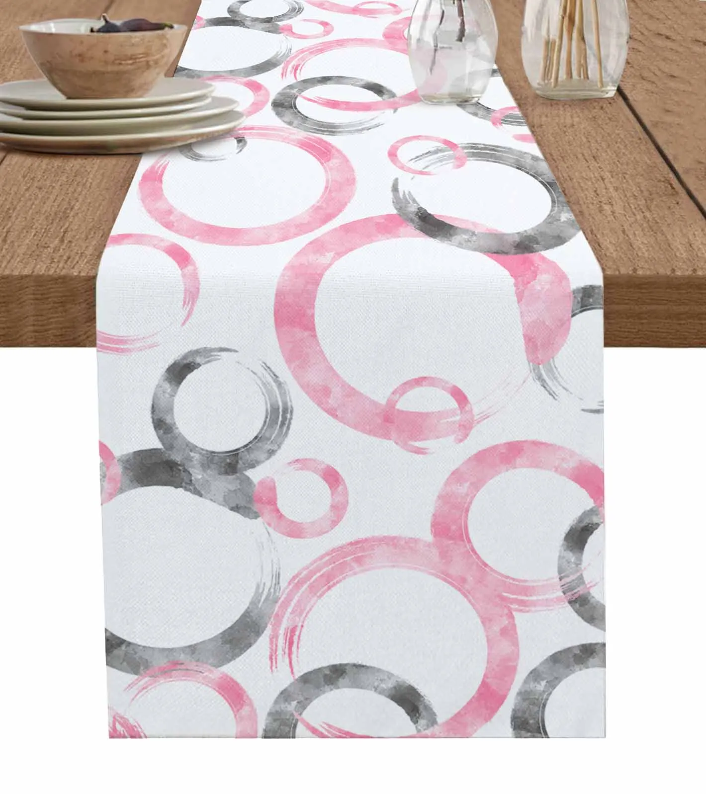 Geometric Paint Brush Circle Pink Gray Decorations Coffee Table Decor Tablecloth Table Kitchen Decorative Table Runner