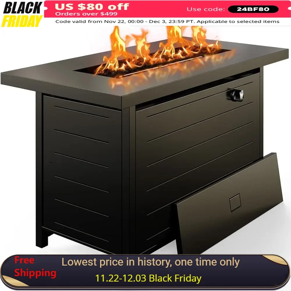 

42 Inch Fire Pit Table with Steel Lid and Lava Rock, 60,000 BTU Propane Pits, 2 in 1 Gas Outside Fire Pit Table