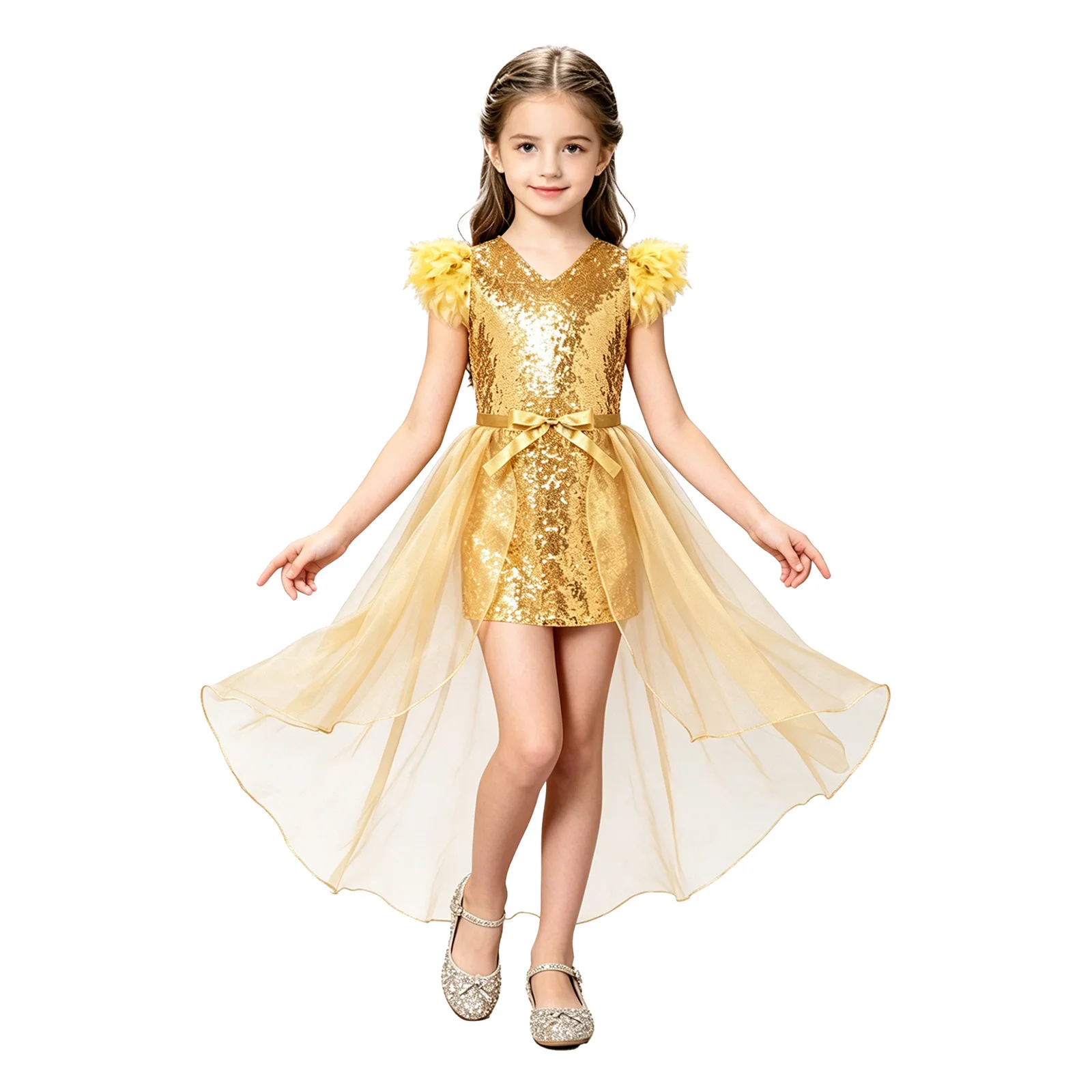 Girls Glitter Sequin Feather Pageant Dress - alternate angle