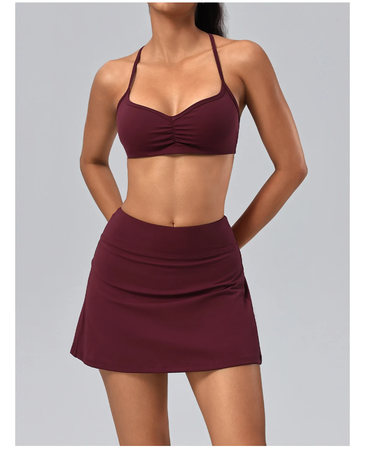 Hearuisavy Damen 2-teiliges Fitness-Set: Hochtaillierte Yoga-Caprihose mit weitem Bein, Push-Up-Sport-BH, schnelltrocknender Tennisrock für das Fitnessstudio. – Detail 32