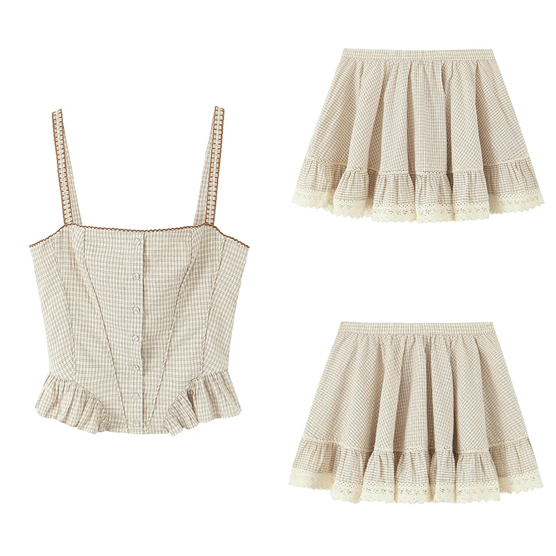 

Z 2025 New Women's Faion Set High Waist Plaid Embroidery Crop Top And Skirt Ensemble Layered Vest And ort Skirt Outfit