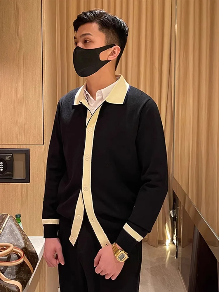 

Korean Sle Simple Maturi Flip Collar Sweater Casual Open Cardigan Men Haome Youth Faion Color Blo Knitted Jaet