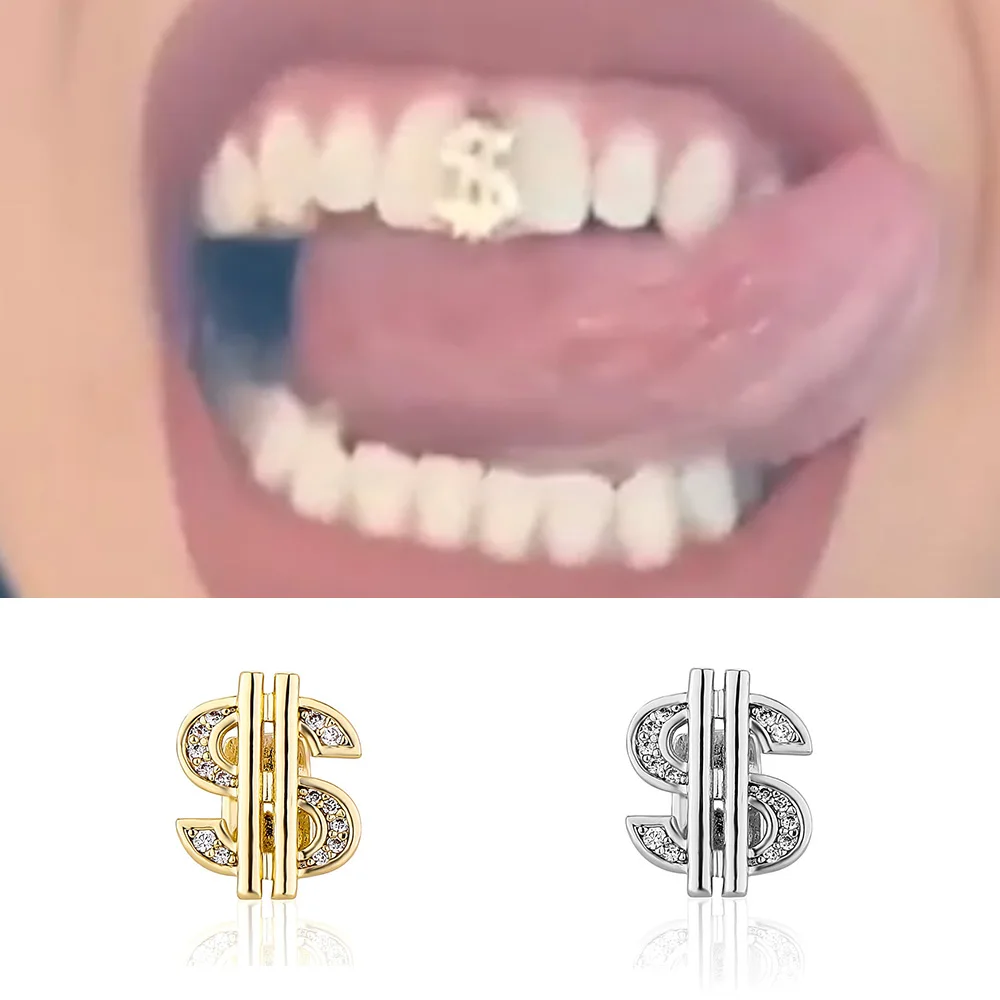 RACHELZ Hip Hop helado CZ piedra dólar dientes Grillz oro plata Color circón tapas de dientes tirantes mujeres hombres joyería Punk