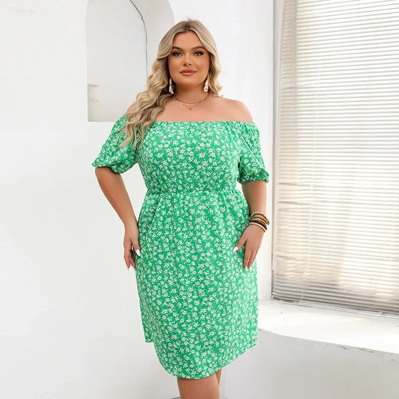 Damskie 1XL-4XL Plus Size Delikatny nadruk z odkrytymi ramionami w talii, krótka spódniczka na jedno ramię, ekspozytory elegancki temperament