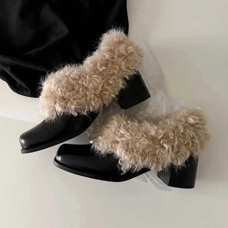 New Fashion Furry Lambwool Women Mary Jane Shoes Elegant Square Toe Slip on High Heels Shoes Autumn Warm Ladies Thick Heel Shoes