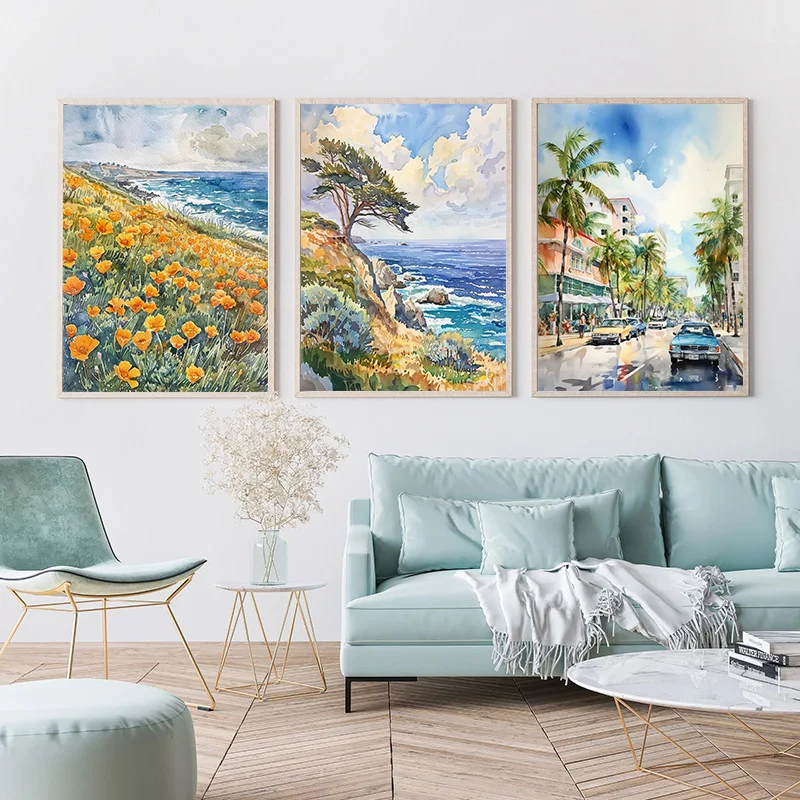 California Malibu Beach Monterey Bay Watercolor Landscape Poster Canvas Painting Modern Seascape Wall Art Picture Home Decor