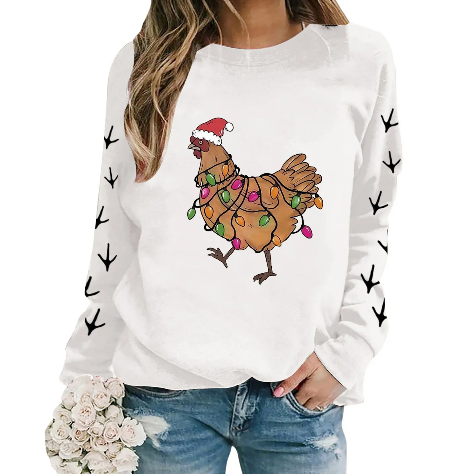 Loose Fit Festive Sweatshirts Christmas Oversize Long Sleeve Pullover Crewneck Chicken Printed Lightweight Hoodies Women