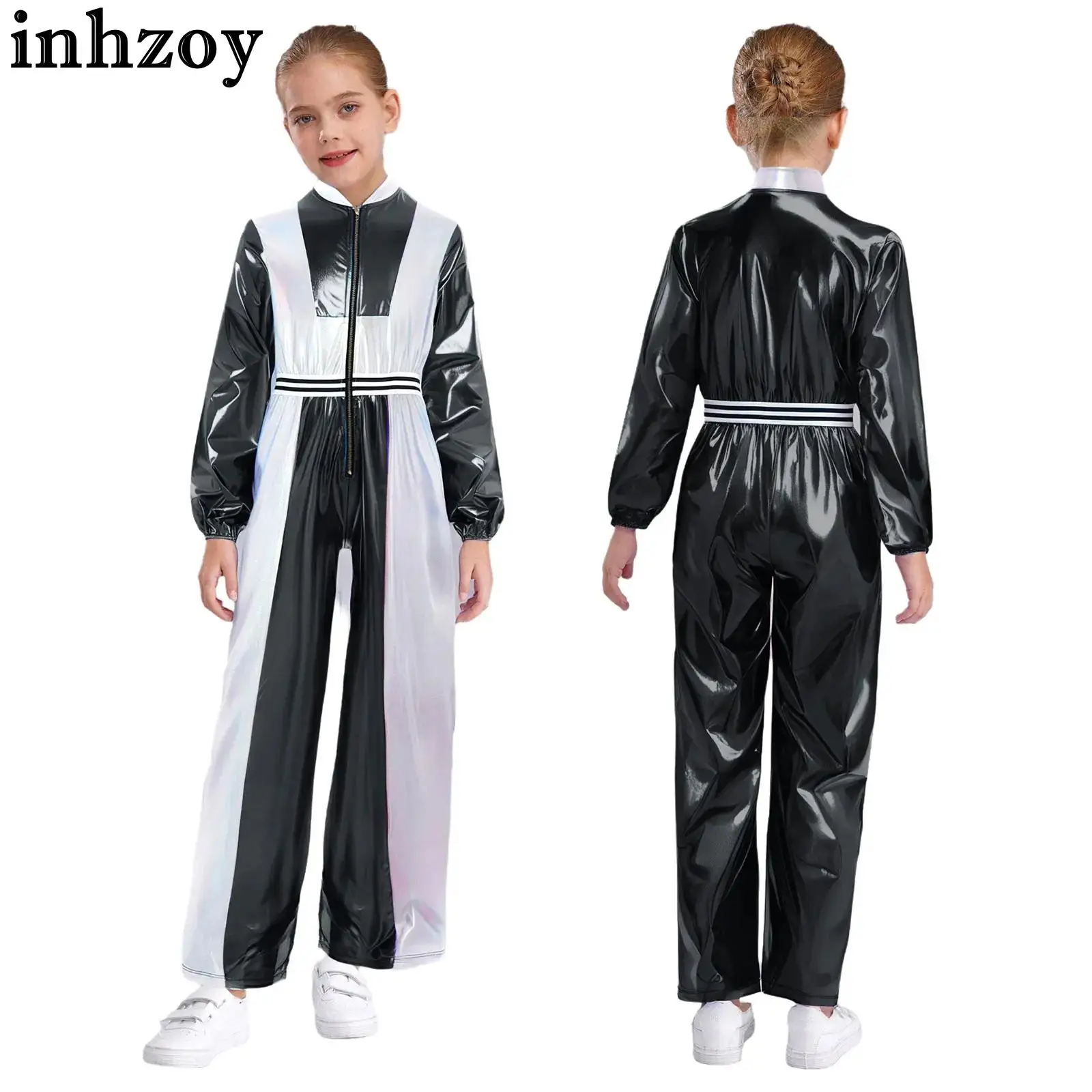 

Kids Girls Hip Hop Jazz Dance Performance Costume Long Sleeve Metallic Shiny Zipper Jumpsuit 70s Disco Hippie Cosplay Clothes