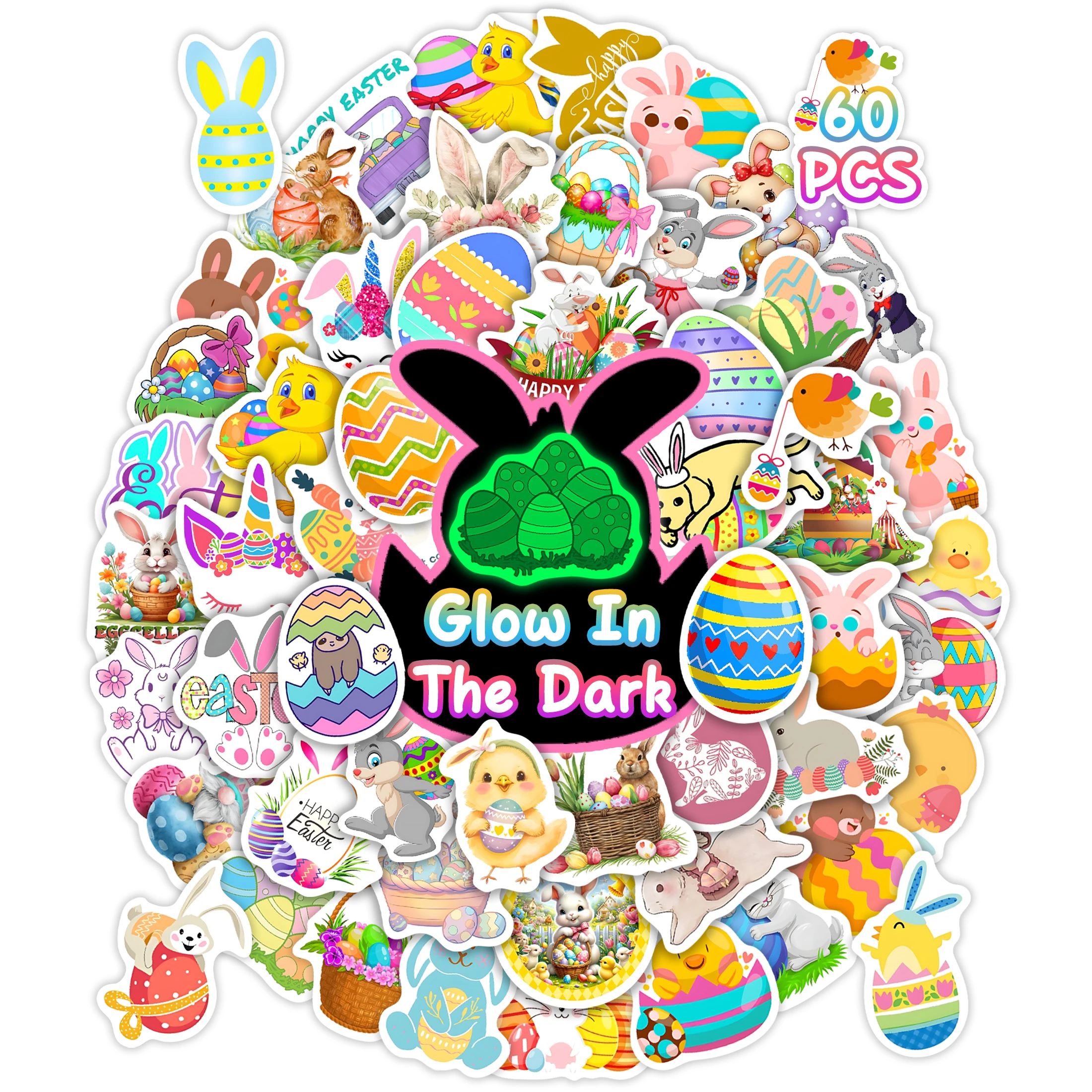 60 stuks paasstickers glow in the dark, paasei ronde stickers voor waterfles, waterdichte vrolijke paasvakantie