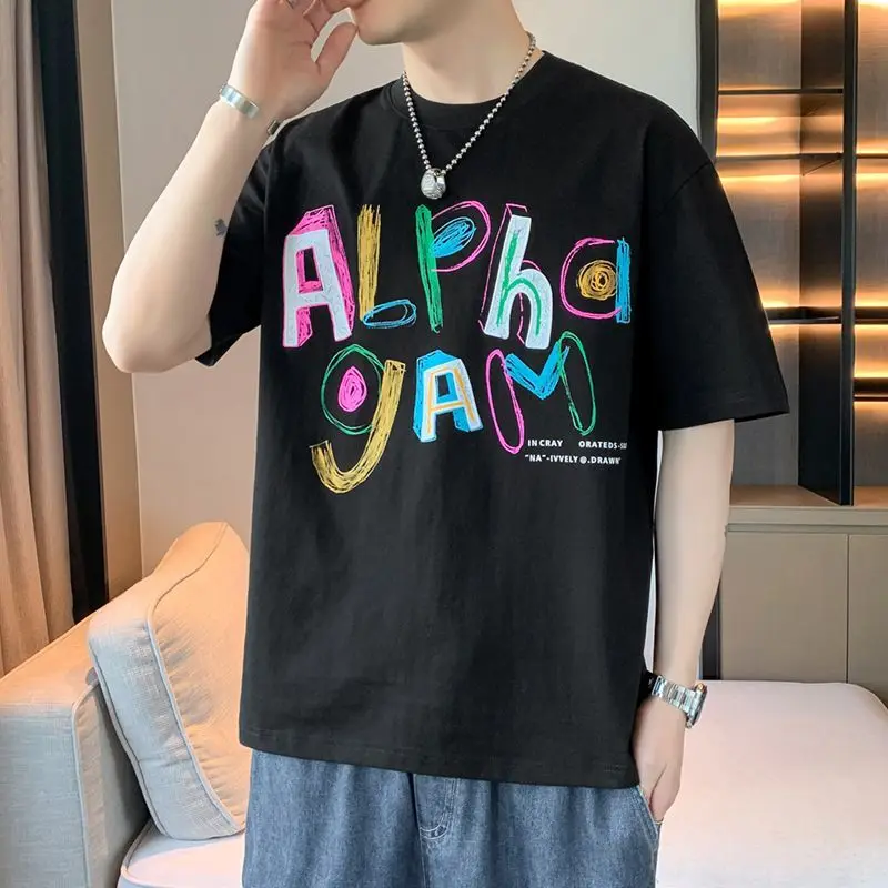 

Stylish Letter Hand-Painted Pullovers Men's Clothing O-Neck Basic Summer Young Style Loose Casual Basic Short Sleeve T-shirts
