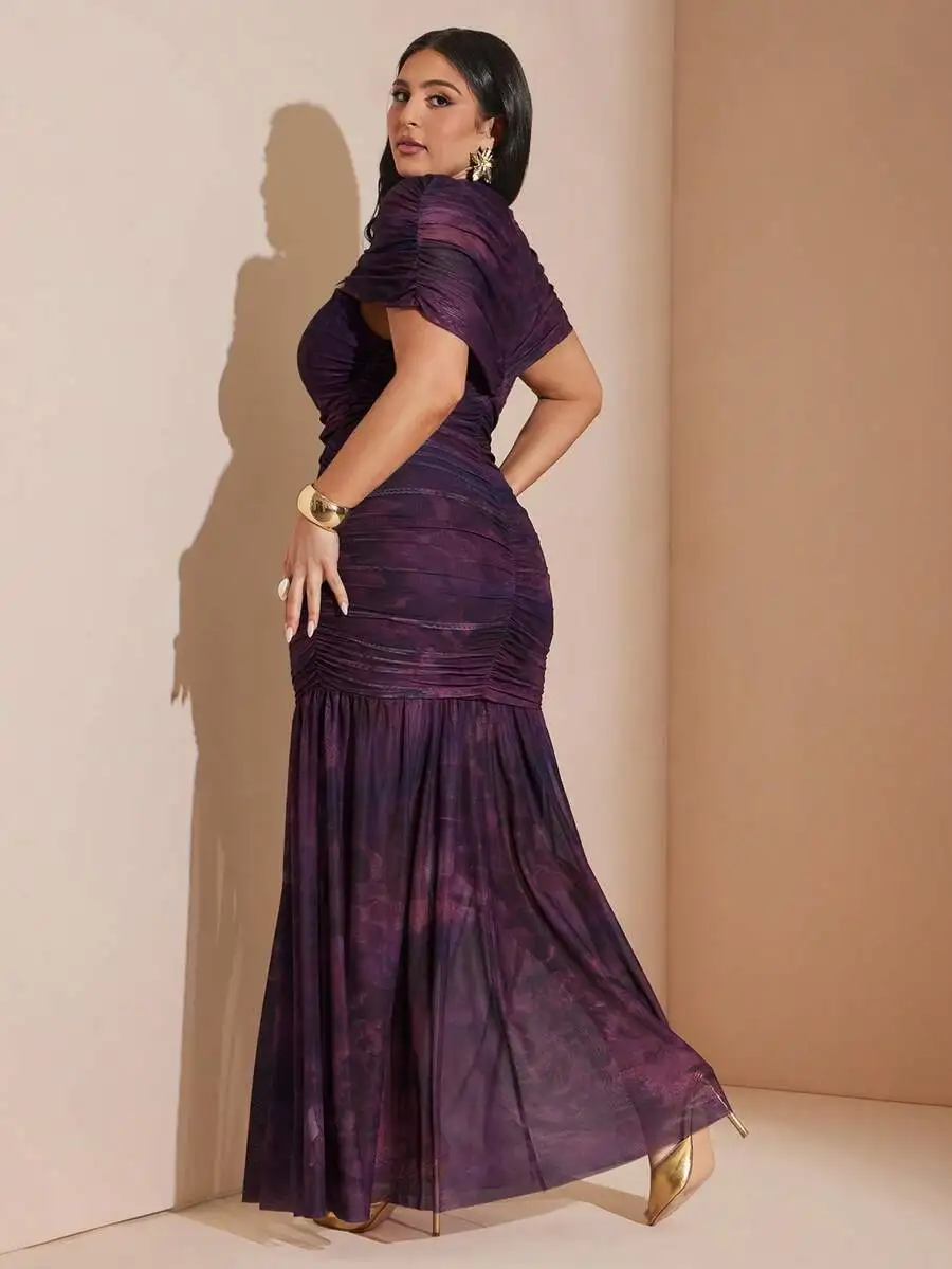 

Purple Ruched O-Neck Maxi Dress With Sheer Sleeves And Tie Dye Mesh Overlay