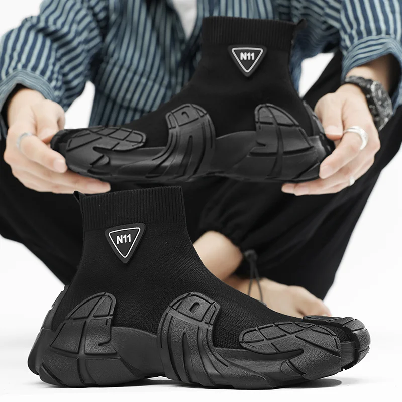 

Модные мужские вязаные высокие кроссовки, повседневная обувь на толстой подошве, дышащие носки без шнуровки, спортивная обувь, мужские кроссовки, прогулочные лоферы