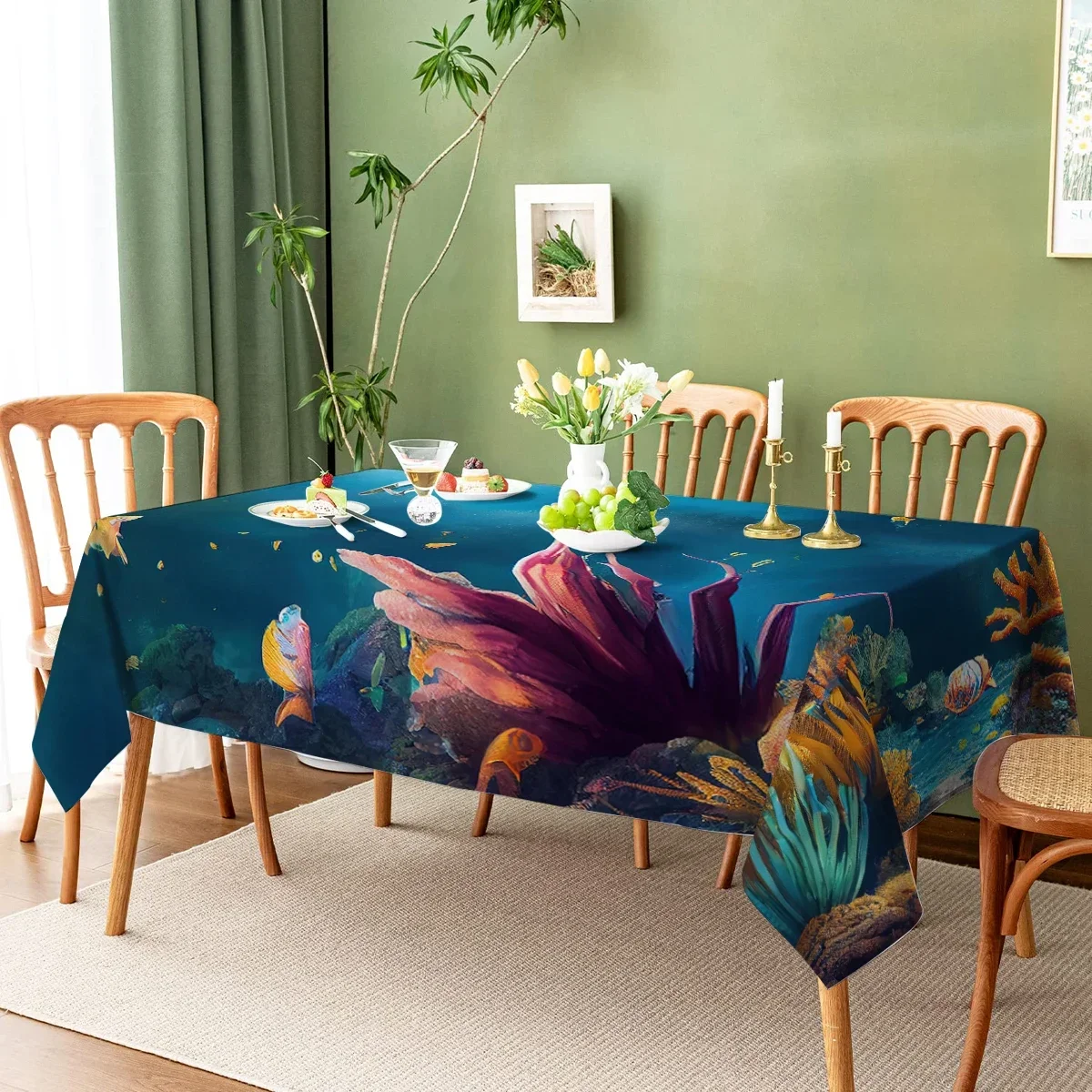Waterproof Marine Coral Jellyfish Fish Rectangular Polyester Tablecloth Home Decor Kitchen Living Room Wedding Party