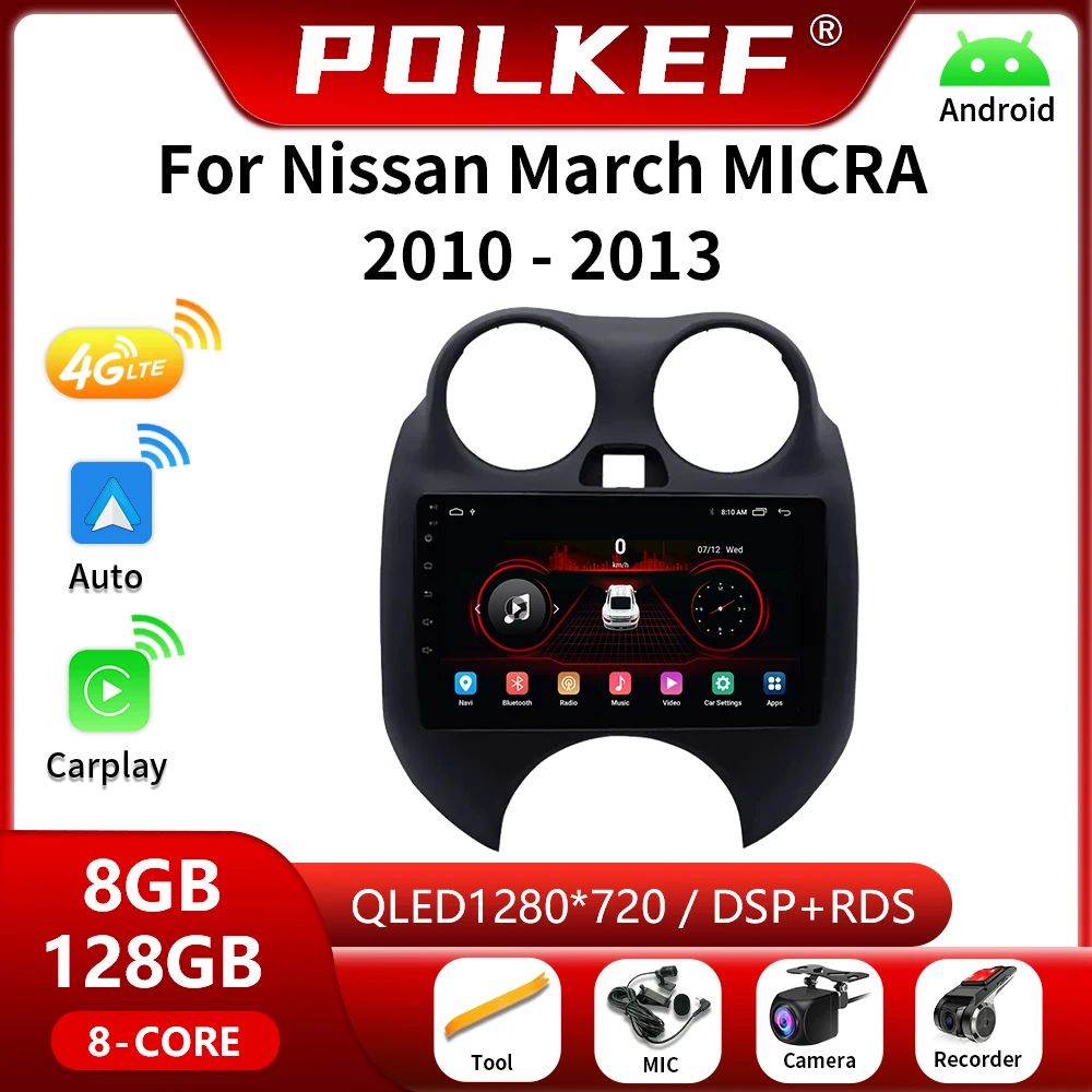 Autoradio Android, Navigation GPS, 4G, Carplay, Lecteur Vidéo, Limitation Audio, 2 Din, pour Voiture Nissan March MICRA (2010, 2011, 2012, 2013)