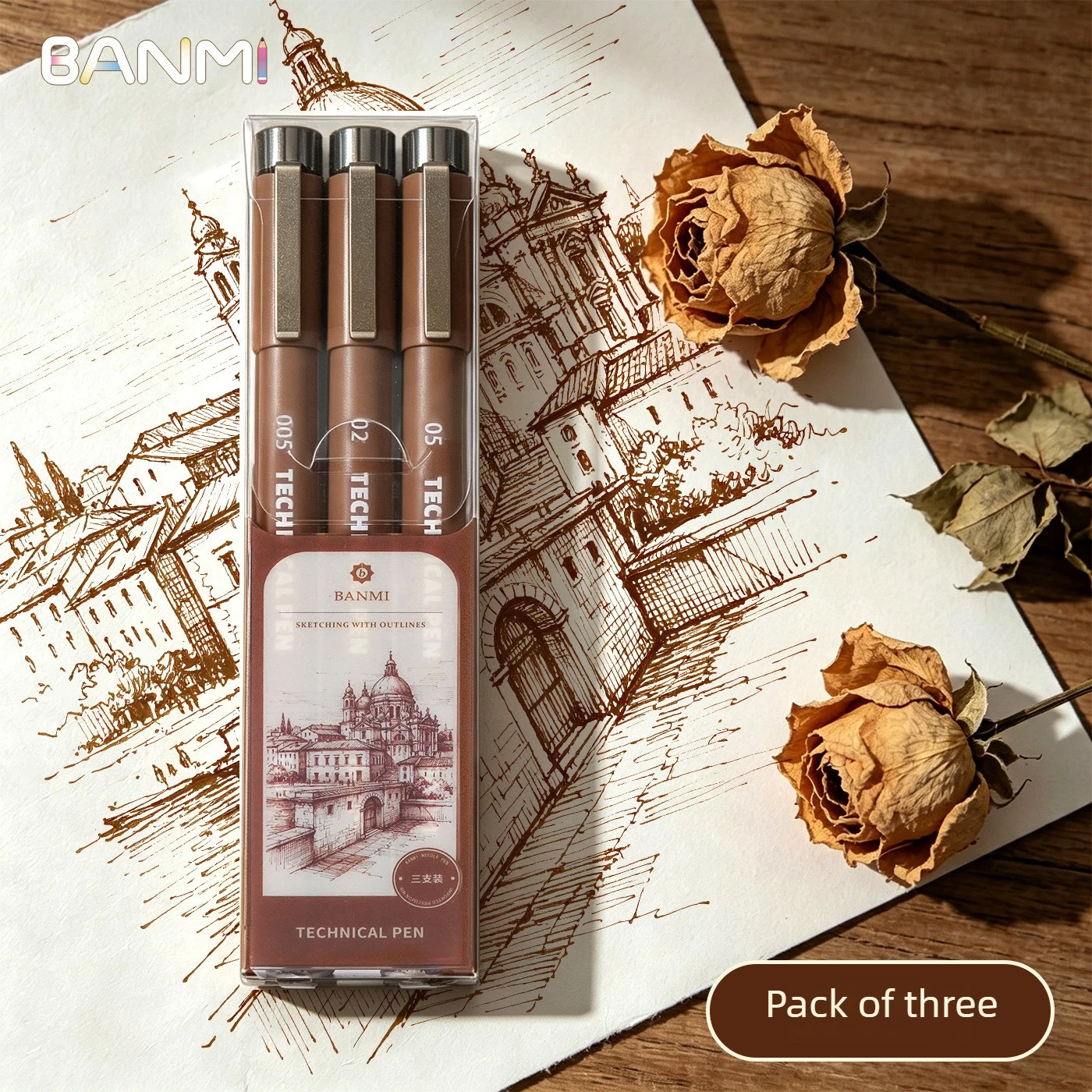 BANMI Fineliner Pen Waterproof Ink Gel Pen Brown 005/02/05 Tip Technical Pen for Drawing Sketching School Supplies Stationery