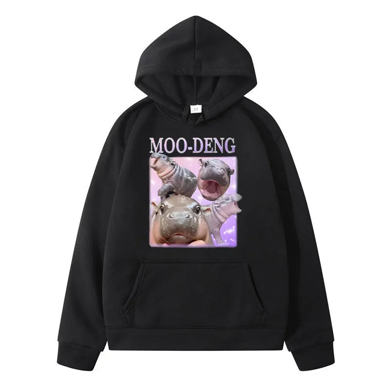 Funny Moo Deng Baby Hippo Printed Hoodies Mens Clothes 90s Vintage Harajuku Black Fleece Sweatshirt Oversized Cool Pullover Male