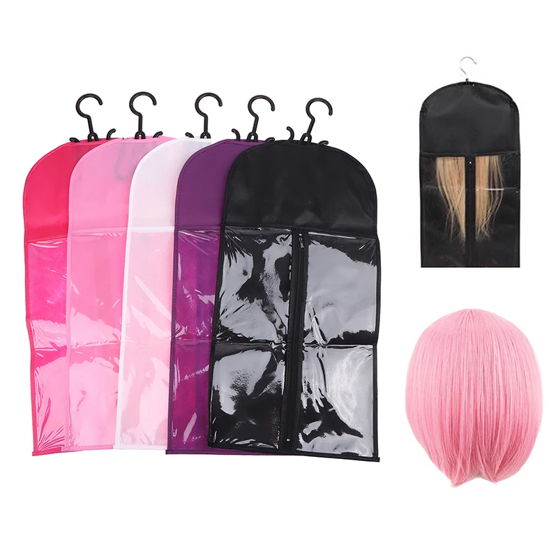 

Long Hair Extensions Storage Bag Zipper Non-Woven Dust Proof Wigs Carrier Bags With Plastic Hanger For Home Salon Organizer