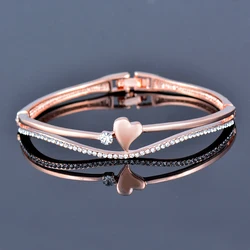 SINLEERY Romantic Rhinestone Heart Bangle For Women Rose Gold Silver Color Wedding Bracelets Fashion Jewelry