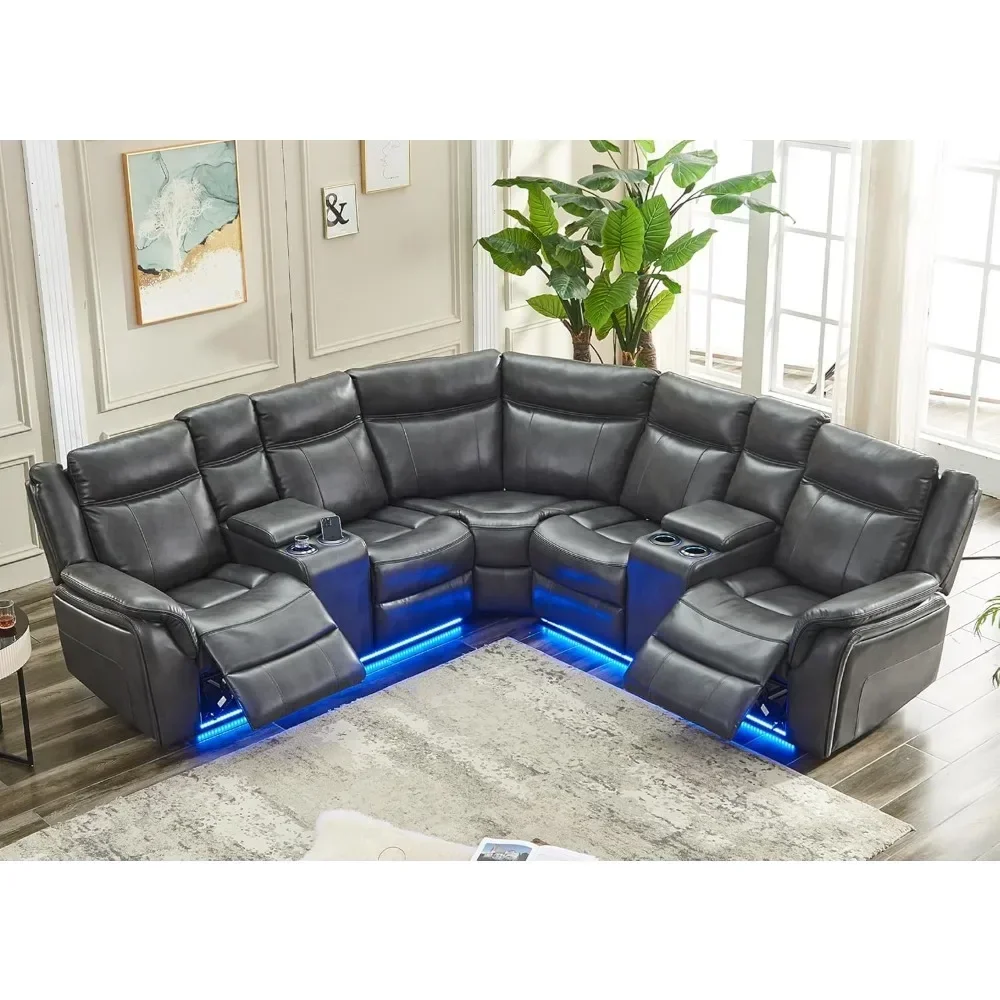 Power Recliner Sectional Sofa Couches with LED Light for Living Room, Faux Leather Reclining Corner Sectionals Couch Sets