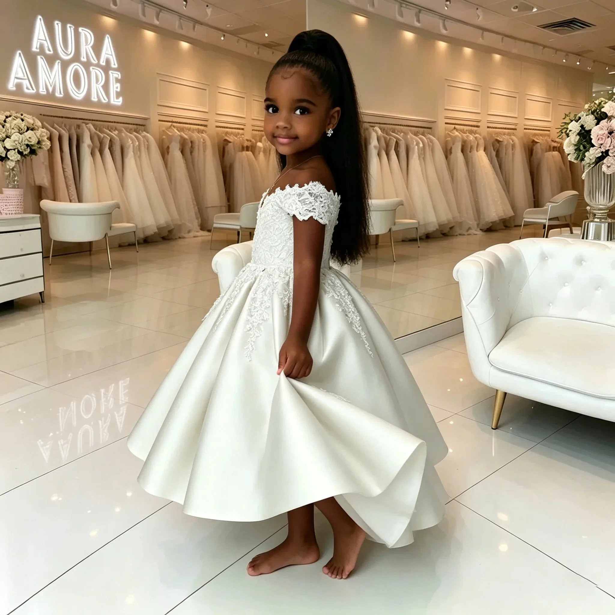 Maßgeschneidertes Großhandels-Elfenbein-Blumenmädchenkleid für Hochzeiten, Puffiges Satin-Spitzenapplikations-Kinderkleid für Geburtstagsfeiern, Erstkommunion, Ballkleid – Detail 8