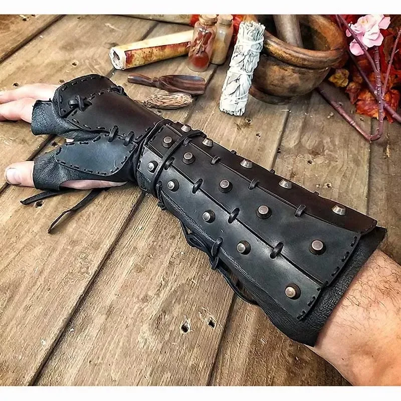 Luva Longa de Couro PU Medieval para Homens, Acessório Cosplay, Manopla, Samurai, Viking, Cavaleiro, Pirata, Armadura, LARP