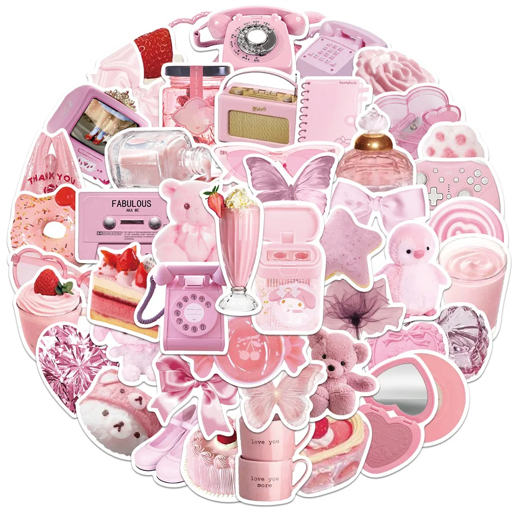 50PCS/pack Pink Cute Sticker Cake Strawberry Vinyl Stickers Water Bottle Laptop Mobile Phone Skateboard Kids Adult Stickers