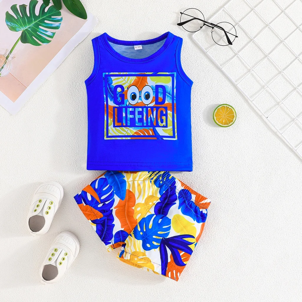 Infant Clothing Set For Kid Boy 6Months-4Years old Cartoon Cute Letter Sleeveless Top and Shorts Beach Outfit For Newborn Baby