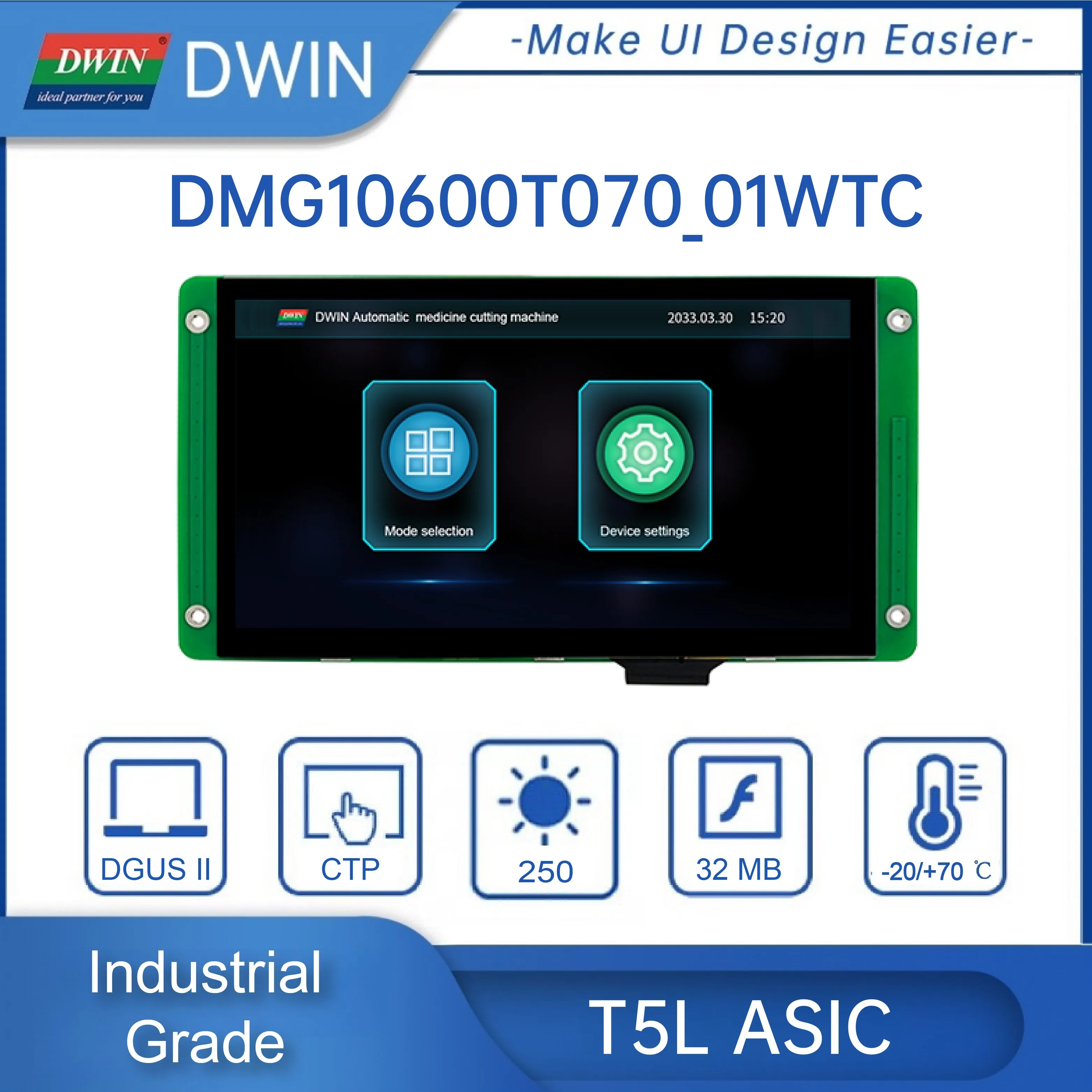 Moduł LCD DWIN 7.0 cali 1024*600 Wyświetlacz HMI Panel dotykowy pojemnościowy dla ESP32 DMG10600T070_01W