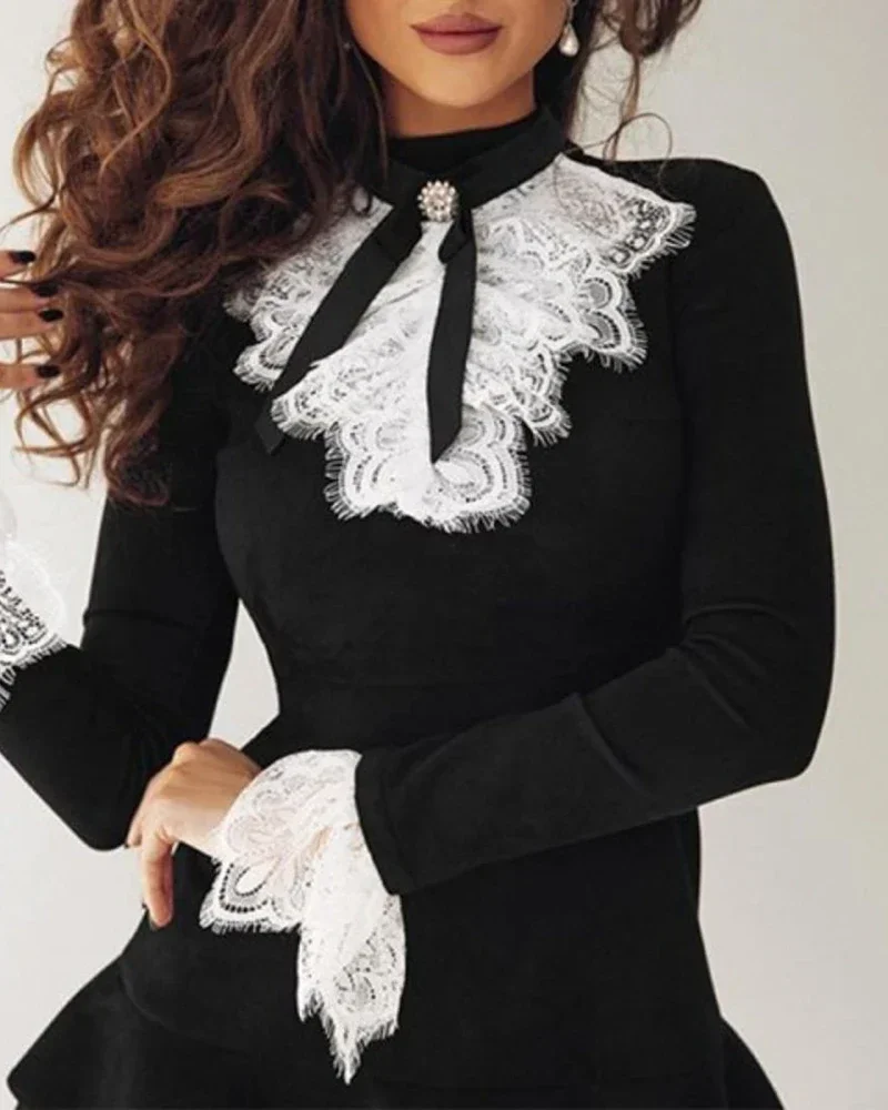 2023 Women Fashion Elegant Sexy Long Sleeve Lace Bell Sleeve Ruffle Dress OL Classic Romantic Patchwork Mini Dress