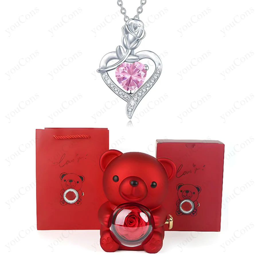 

Ожерелья с подвеской в виде розового сердца с милым медвежонком в подарочной коробке для женщин, на День святого Валентина, Рождество, свадьбу, день рождения, 2026 год