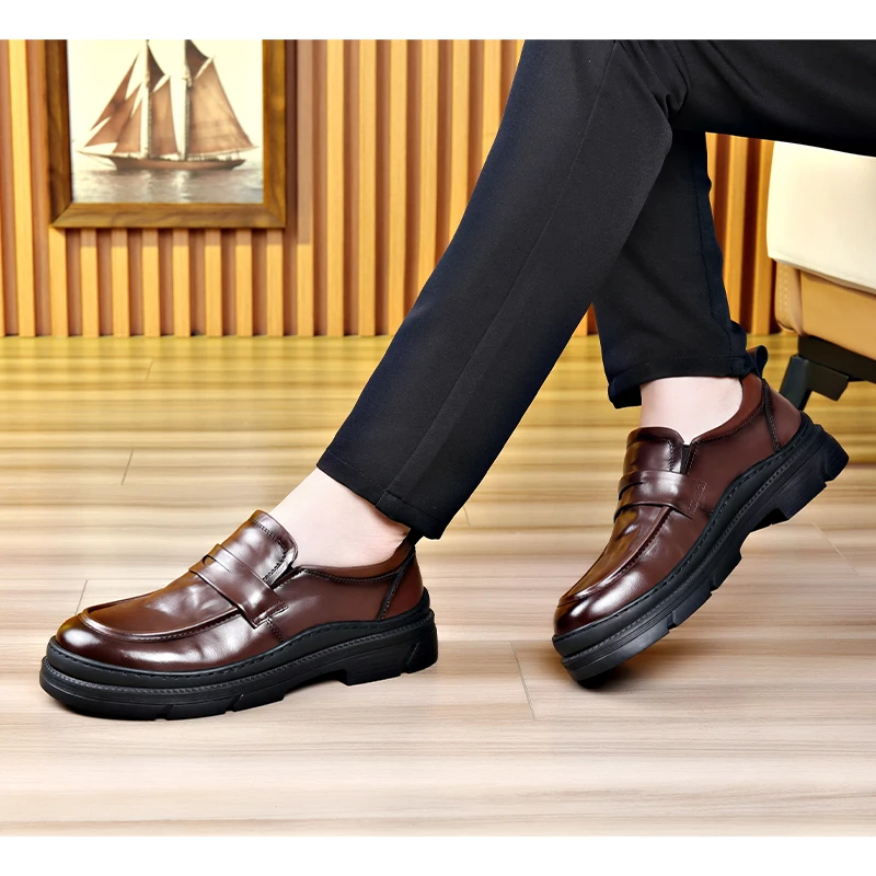 

Мужские повседневные туфли на толстой подошве в элегантном британском стиле для работы или деловых встреч, ретро, черные, коричневые, кожаные.