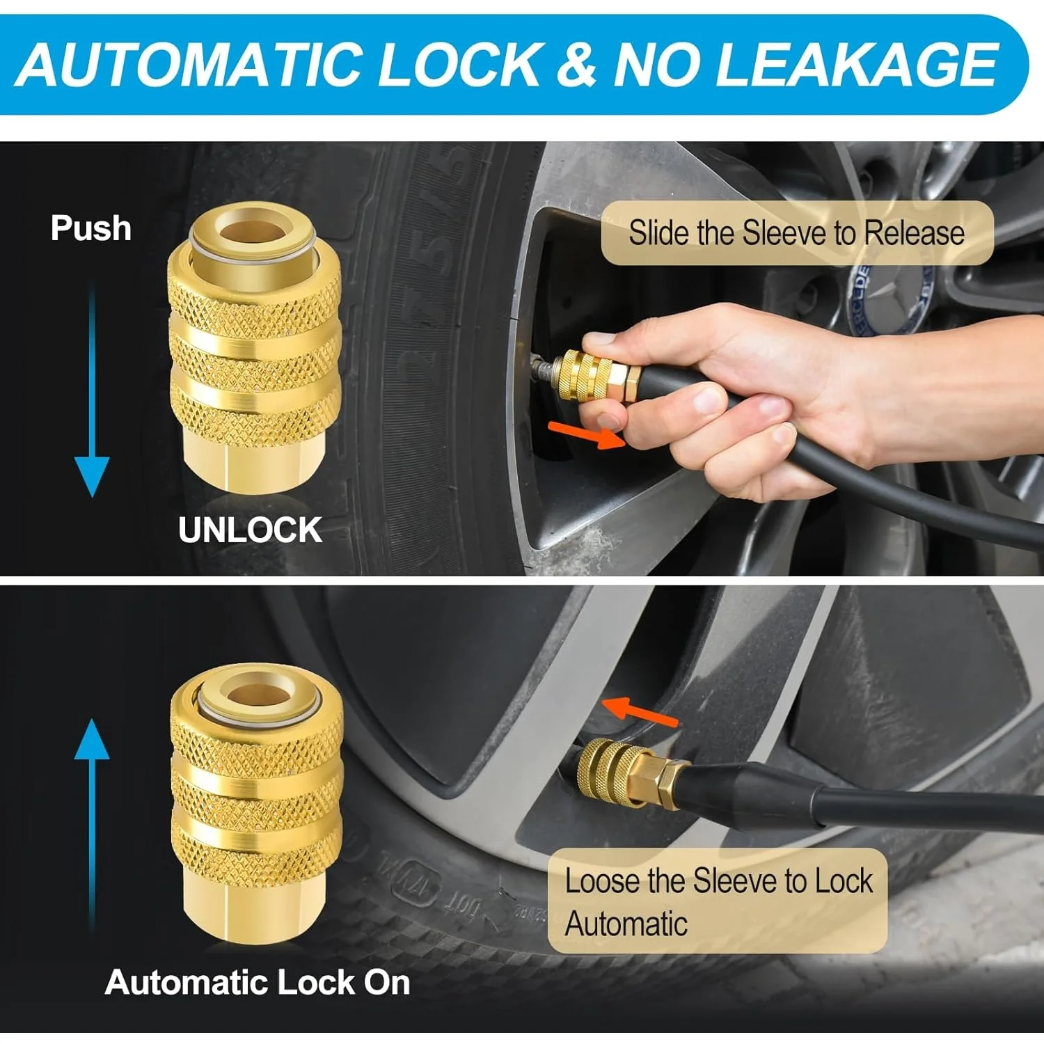 Tire Inflator Air Clamp Chuck With Barb Tail Fitting 6/8/10MM Automatic-Locking Air Chuck Quick Connector
