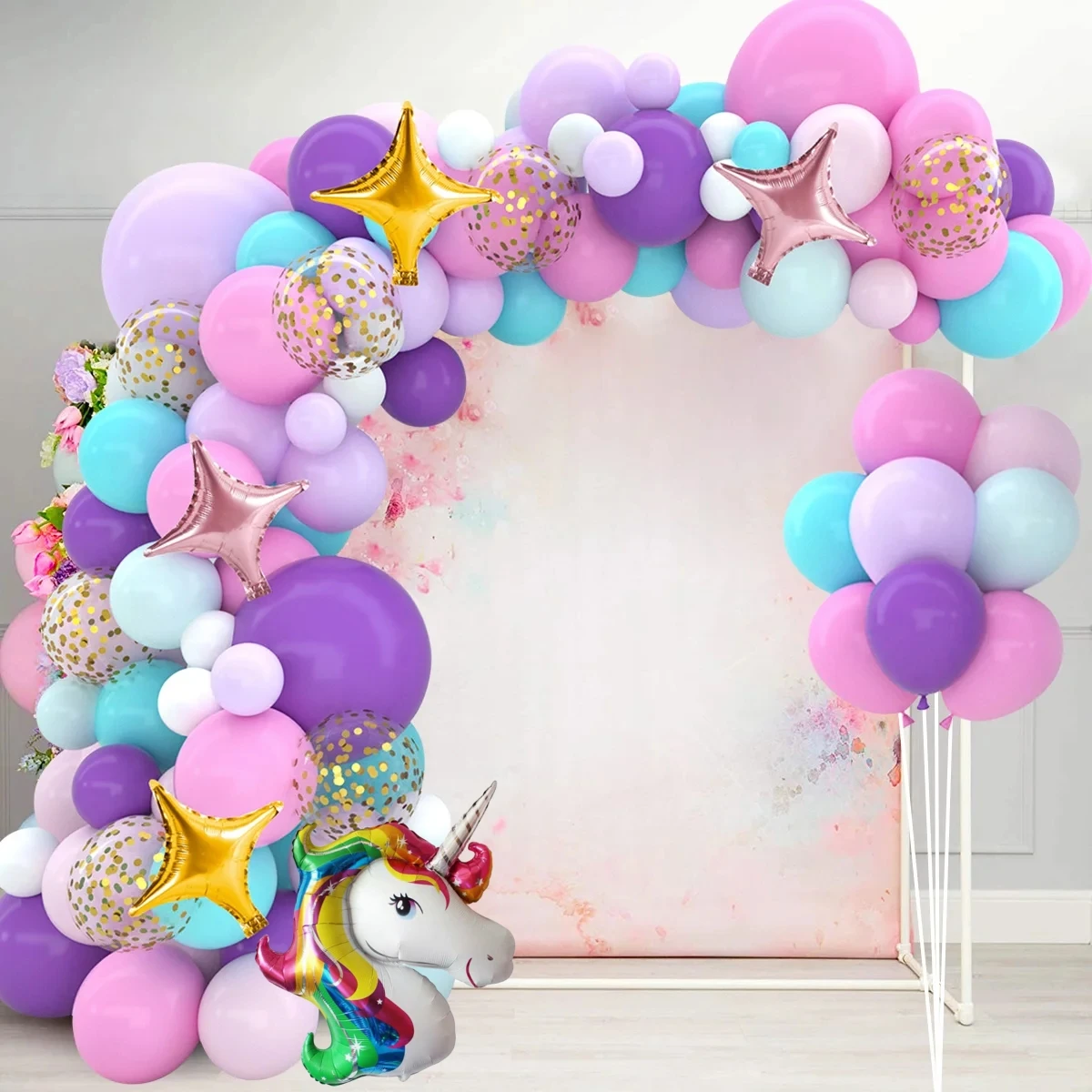 97Pcs A set of unicorn themed balloon wreath and arch set, wedding, birthday party decoration, single party decoration