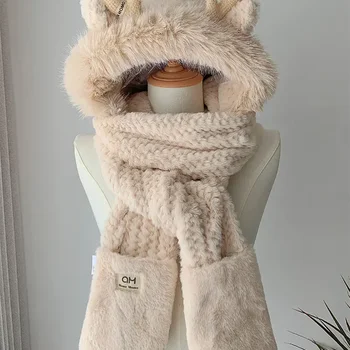 Fashion Elk Antlers Plush Hat Scarf Gloves Women's Winter Ea...