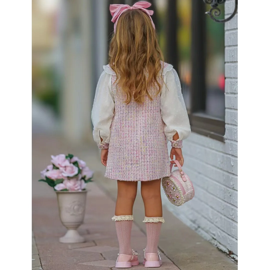 Tweed Little Girl Pink Long Sleeve Dress Girls Party Dresses 2024 Woven and Embellished Peter Pan Collar A-line Dress for Girls