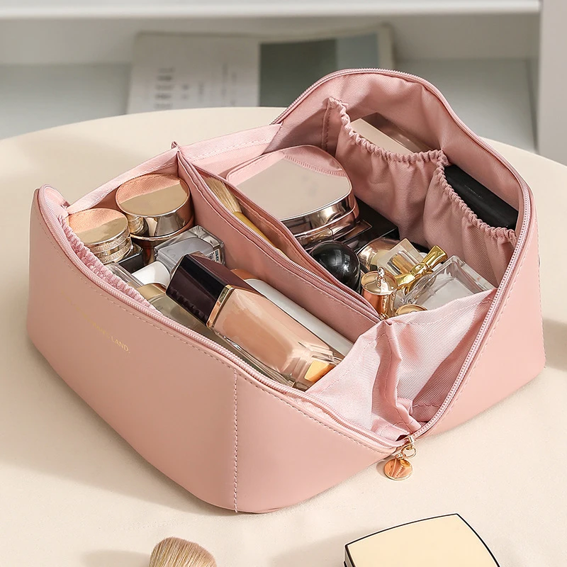 Borsa per cosmetici con cuscino in PU per donna, grande capacità, comoda borsa da viaggio, organizer per cosmetici e toilette