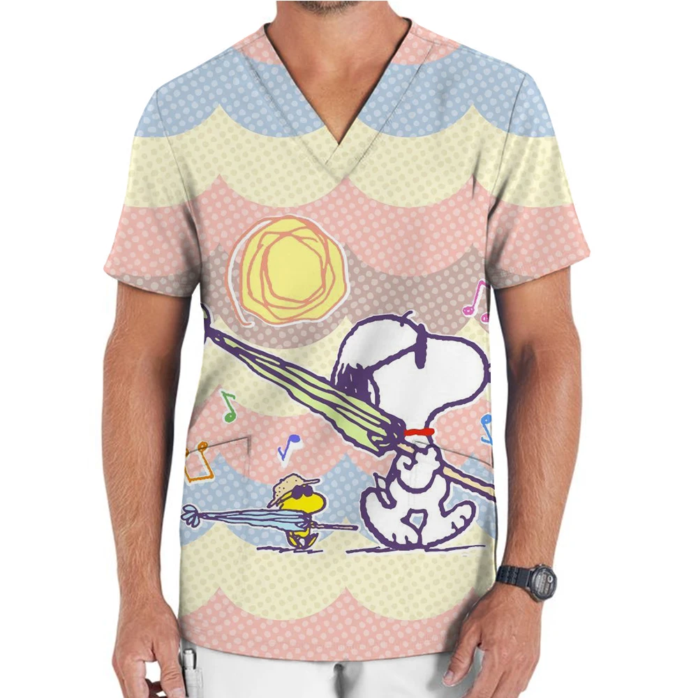 Snoopy nursing work frosted men's short sleeved V-neck clinic nurse uniform protective clothing nursing staff lab top