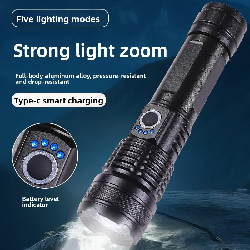 Flashlight bright light, long battery life, rechargeable outdoor zoom multi-function led flashlight