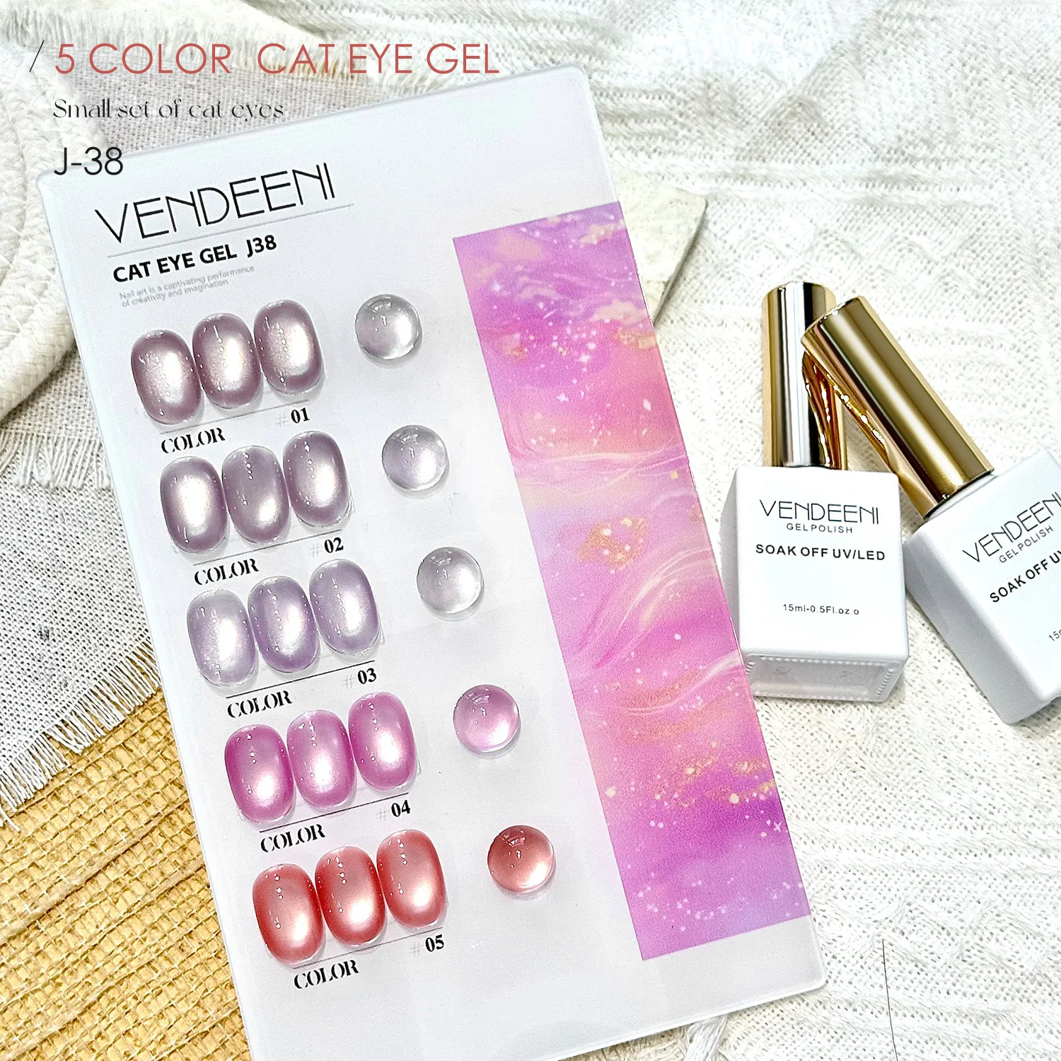 

Vendeeni 5 Colors Crystal Cat Eye Nail Gel Polish Set Semi Permanent Sparkling Magnetic UV LED Soak Off Gel Varnish With Display