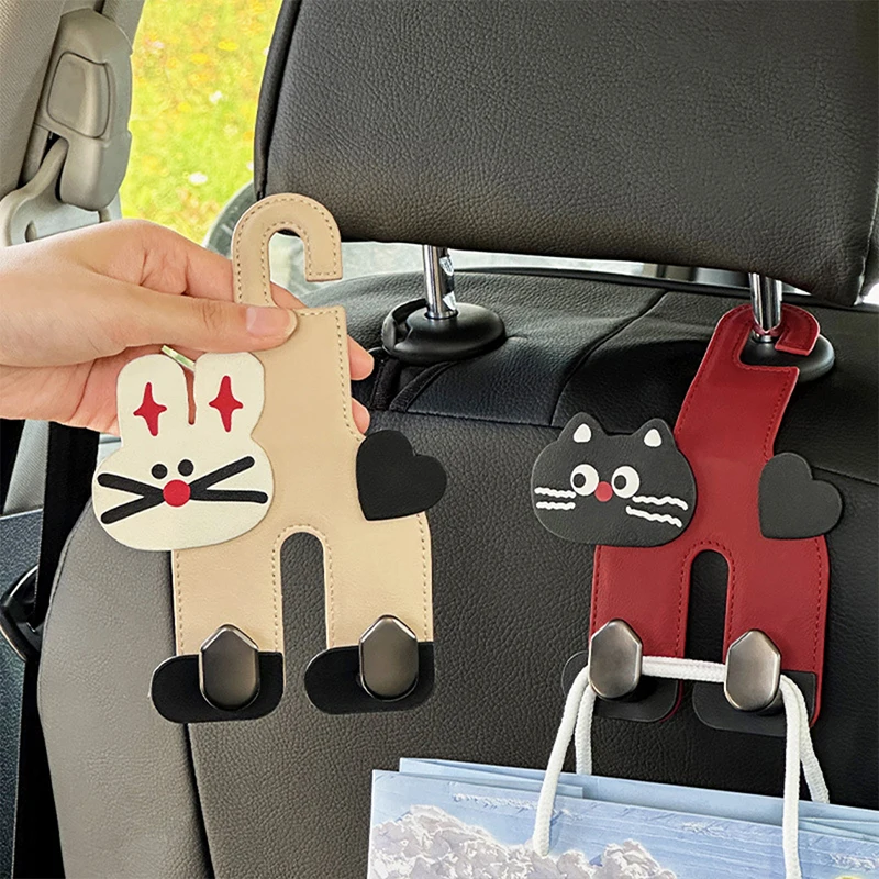 

Dual Hook Car Rear Seat Back Hooks Cat/Bunny Shape PU Leather Car Headrest Hanger Large Load-bearing Easy To Install