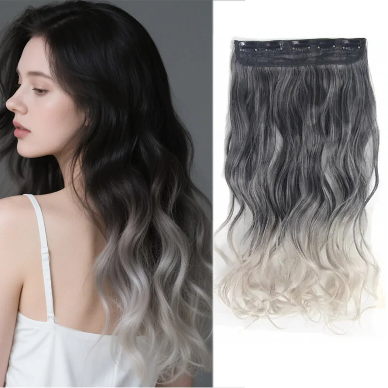 

One Piece 5 Clips Women Girls Clip in Hair Extension Thick Synthetic Fiber Long Straight Hairpieces Gray Hair