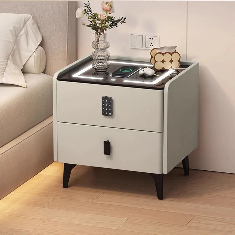 Wooden Smart Bedside Table with Password Lock Faux Leather Multi-Function Bedroom Nightstand Modern Storage Cabinet